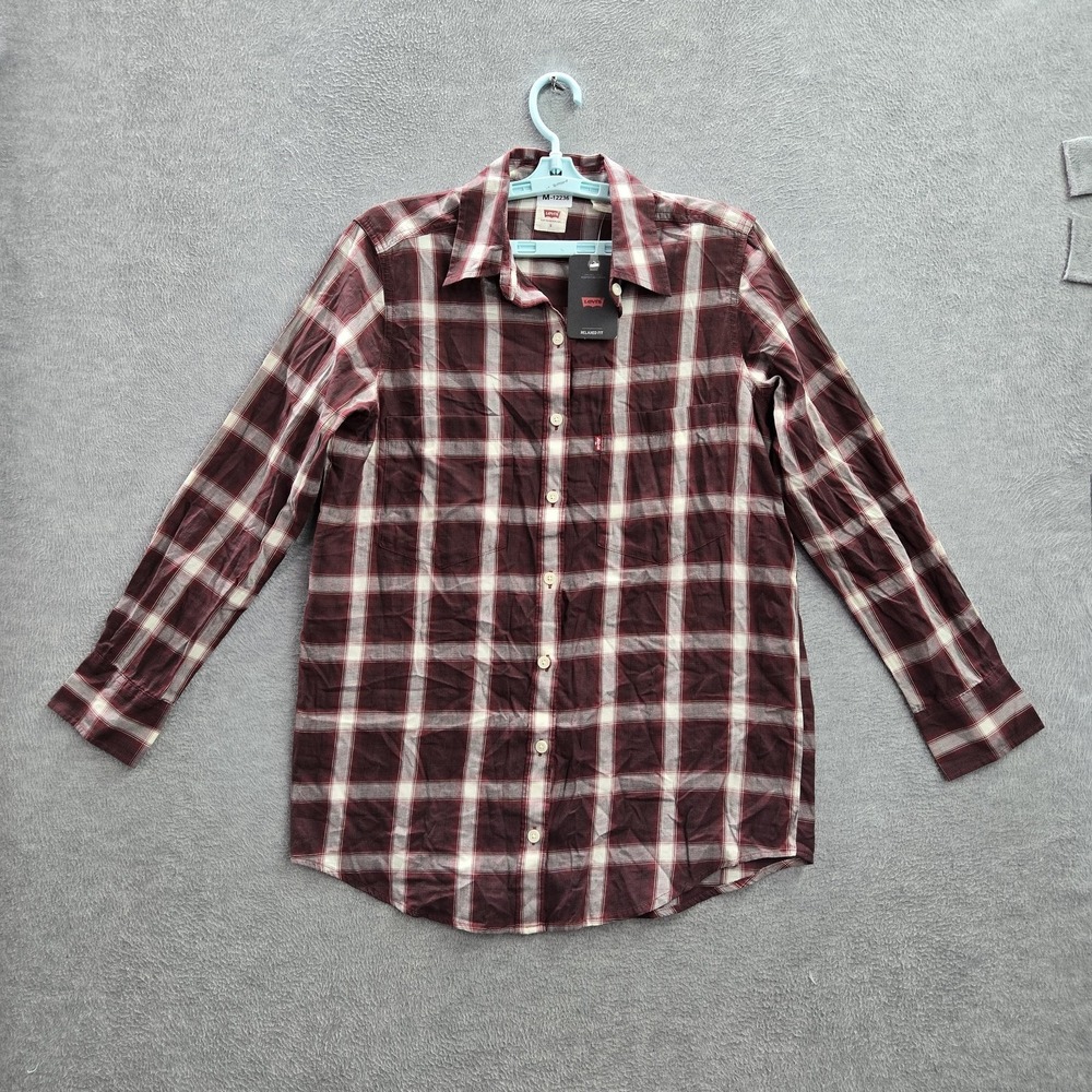 Levi's Men Button Up Shirt S Red Plaid Relaxed Fit Long Sleeve Cotton Collar NWT